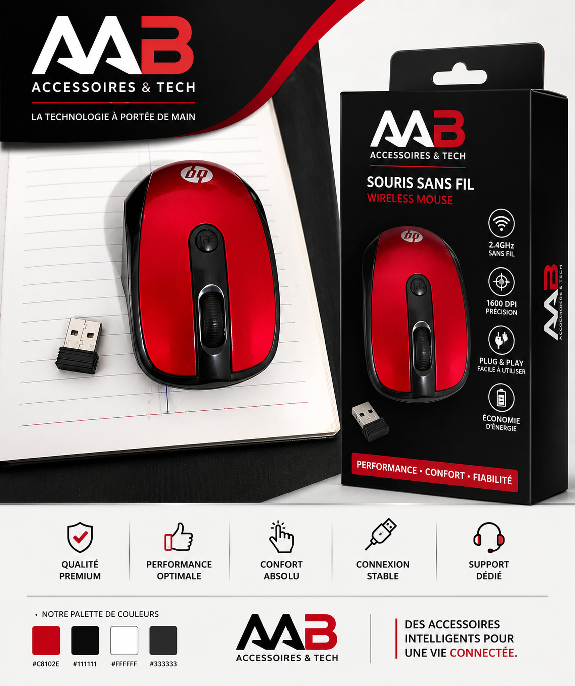 Souris sans fil HP rouge et noire