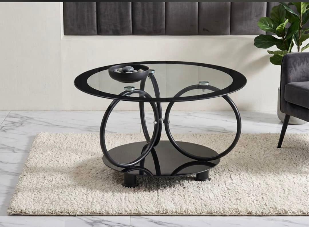 Table basse ronde moderne en verre – cadre métal noir